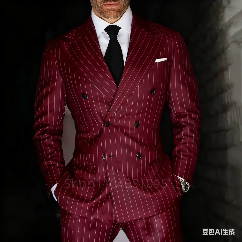 Men's 2-Piece Suit Set Slim Fit Double Breasted Lapel Formal Grey Blue Marine High Quality Jacket And Trousers Ensemble