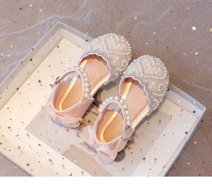 2025Summer Girls Sandals With Heel Fashion Rhinestone Shiny Glitter Shoes Children Princess Bowtie Pearl Dancing Shoes