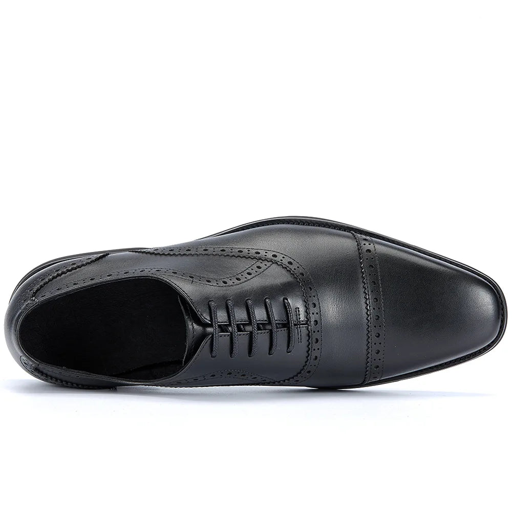 Men's Genuine Leather Brogue Oxfords, Business Formal Dress Shoes with Soft Rubber Sole