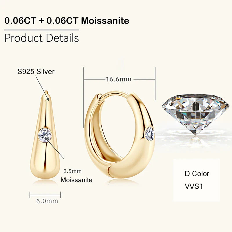 Premium Real 0.12cttw Moissanite Hoop Earrings for Women Girls S925 Silver Earring Party Fine Jewelry Small Ear Buckle Gift