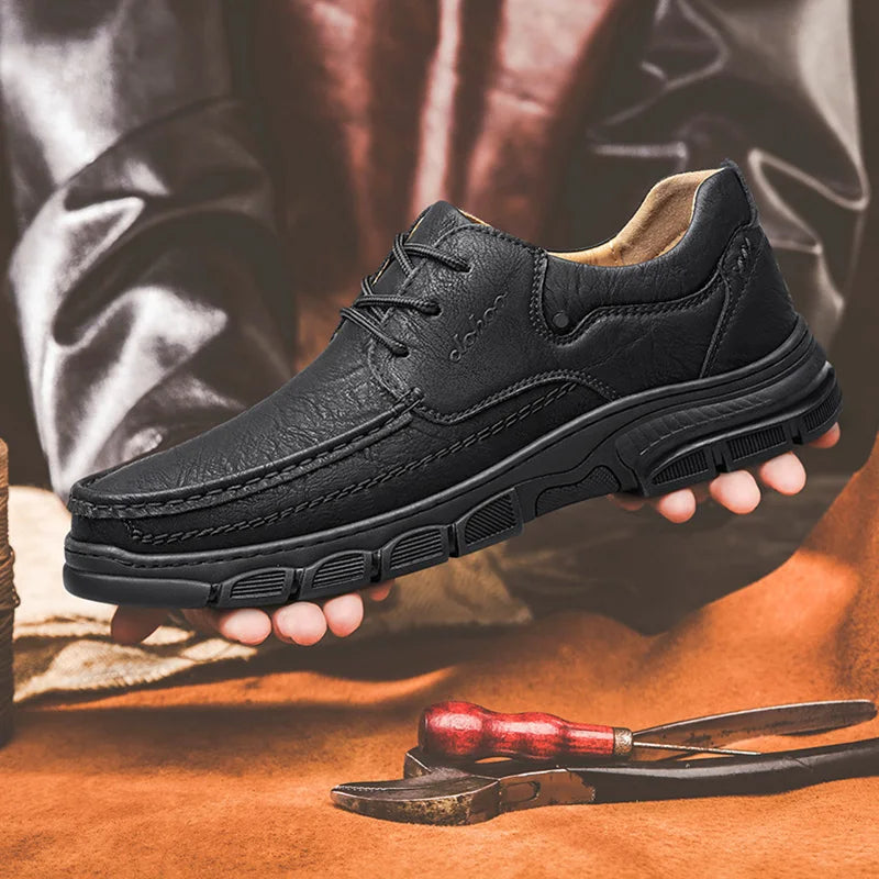 Men's Handmade Thick Rubber Bottom Breathable Casual Leather Shoes Classic Sewn Loafers Comfortable Leisure Footwear