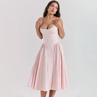 Women Elegant Sleeveless Backless Pleated Dresses Lady Sexy Solid Sling Midi Dress 2024 Female Party Evening A-line Robes