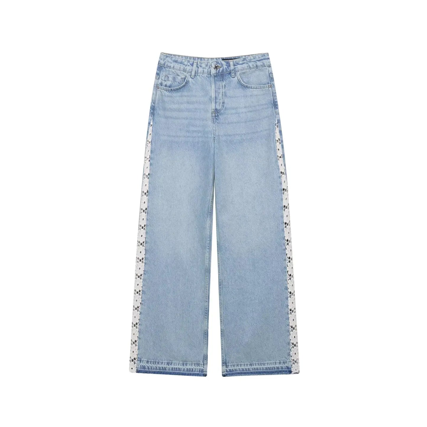 Side Lace Hollow Out Patchwork Jeans High Waist Wide Leg Denim Pants