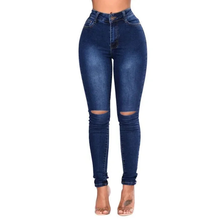 Europa e Estados Unidos Nova Calça Jeans Feminina Rasgada Slim-fit Com Pés Pequenos, Calça Lápis Elástica Nova Primavera E Outono