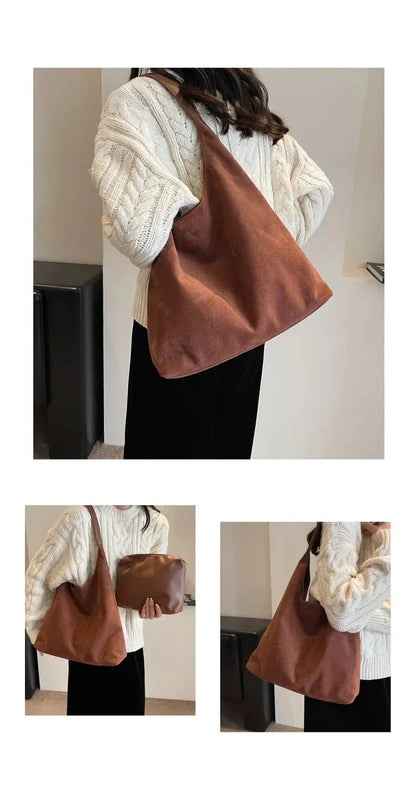 Korean suede bucket bag, women's casual commuting shoulder tote bag, autumn/winter 2025 new underarm set bag