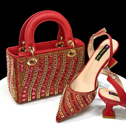 Conjunto de Sapatos e Bolsa Femininos de Salto Alto Elegantes Vermelhos, Populares entre Designers Nigerianos e Senhoras Africanas para Casamento