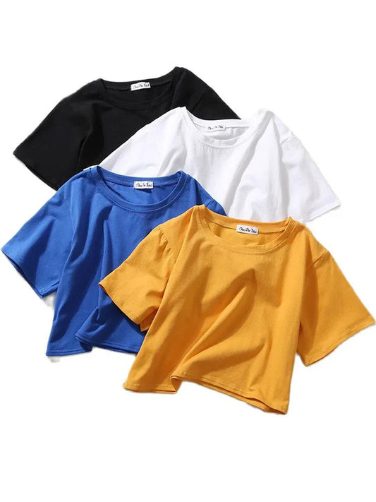 Summer Short Sleeve T Shirts Women  Solid T-shirt O Neck High Waist Crop Top Tee Female Casual Loose T Shirt