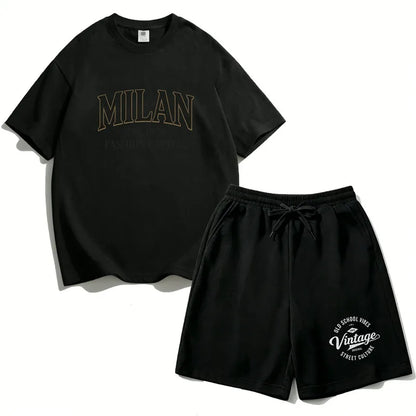 Summer Boys Cotton T-Shirt Shorts Set Casual Kids Milan Graphic Print Short Sleeve Suit Children's Outfit 2026 ML1