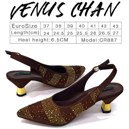 Elegant High Heels Shoes and Bag Set for Women Pointed Toe Black Color Hollow Rhinestones Matching Bag