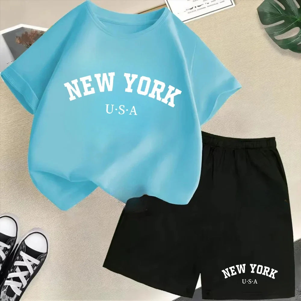 Summer Short Sleeve New York USA Letter Graphic Kid Tshirt +shorts 2pcs Set Baby Boy Girl Clothes Sport Cotton Children Outfit