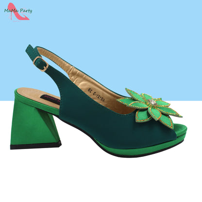 Design Italian Women Shoes and Bag Set in Green Color High Quality Comfortable Heels with Appliques for Wedding