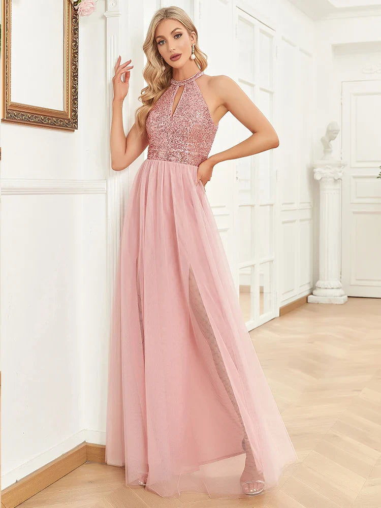 Elegant Sequins Evening Dress For Women 2025 Deep V-neck Tulle Prom Wedding Party Pink Floor Length Cocktail Gowns