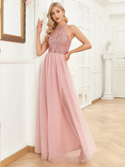 Elegant Sequins Evening Dress For Women 2025 Deep V-neck Tulle Prom Wedding Party Pink Floor Length Cocktail Gowns