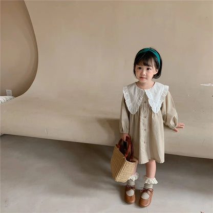 Baby Girls Dress Casual Plaid Clothes Summer New Korean Cotton Linen Girls Princess Dress Big Turn Down Collar Dress
