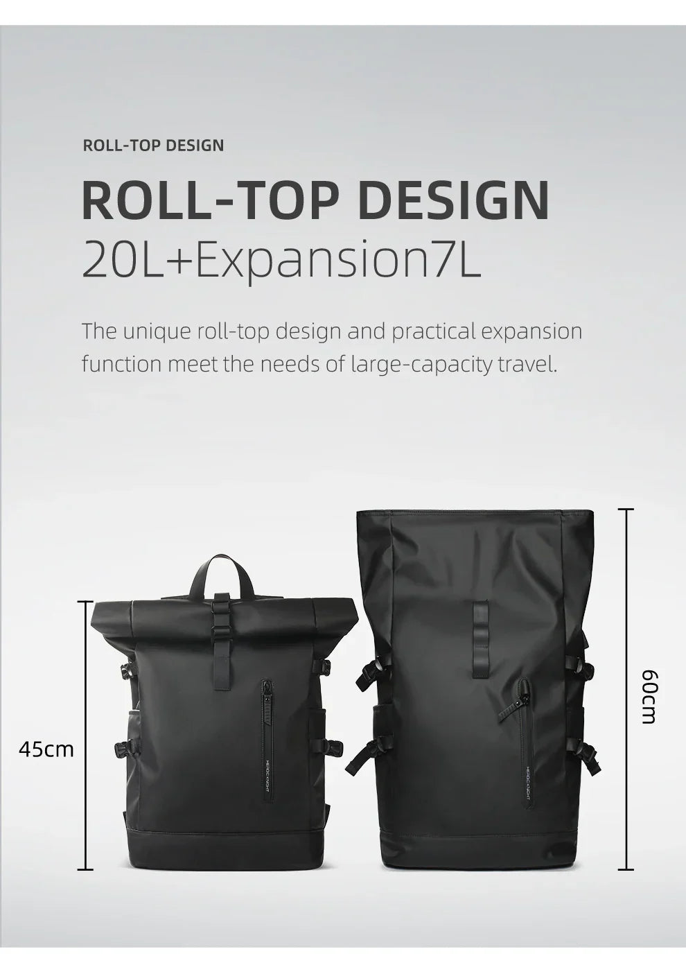 Heroic Knight Men's backpack Waterproof Roll Top Backpack Women Travel Expandable USB Charging Large Capacity Laptop Bag Mochila