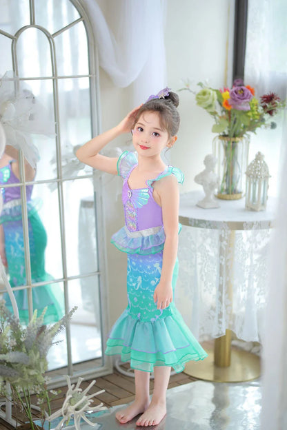 Ariel Cosplay Princess Costume Kids Cartoon Printed Dress Girls Halloween Children Carnival Birthday Party Clothes