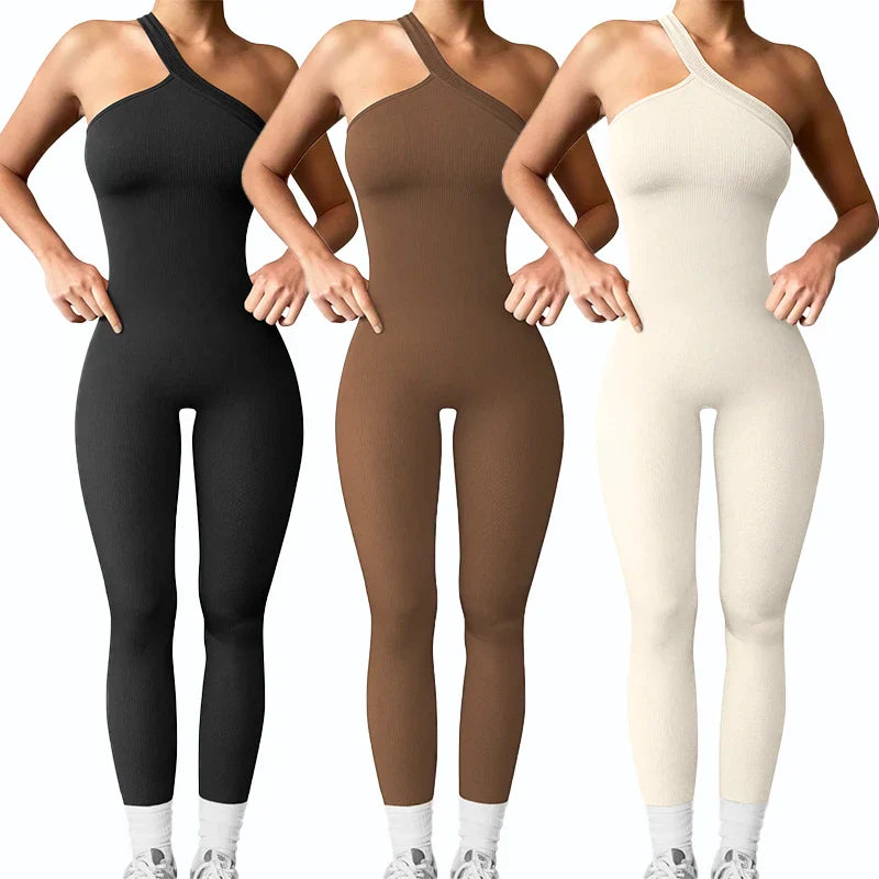 Women Yoga Jumpsuits Workout Ribbed One Shoulder One Piece Sport Jumpsuits Solid Sleeveless Hip Lifting Fitness Jumpsuits