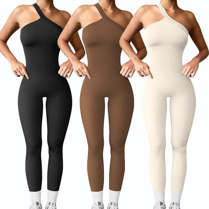 Women Yoga Jumpsuits Workout Ribbed One Shoulder One Piece Sport Jumpsuits Solid Sleeveless Hip Lifting Fitness Jumpsuits