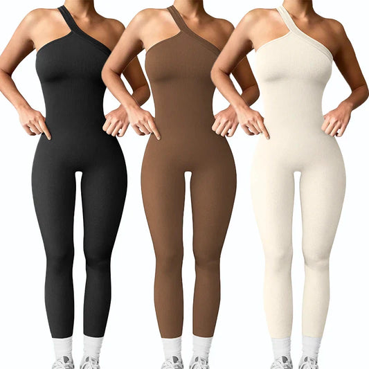 Women Yoga Jumpsuits Workout Ribbed One Shoulder One Piece Sport Jumpsuits Solid Sleeveless Hip Lifting Fitness Jumpsuits