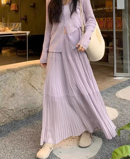 Women's High Waist Pleated Maxi Skirt, Casual A-Line Flowy Tiered Long Skirt, Elegant Beach Vacation Skirts for Ladies