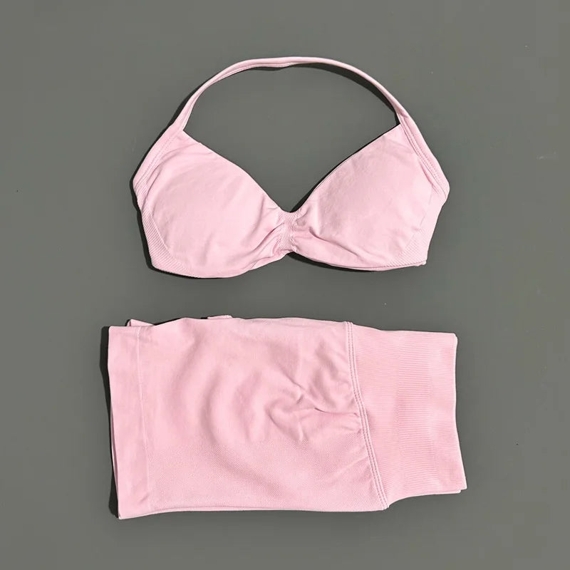 No Logo 2 Piece Impacts Gym Set Women Seamless Yoga Strappy Bra Workout Scrunch Sports Low Waist Shorts Sport Set