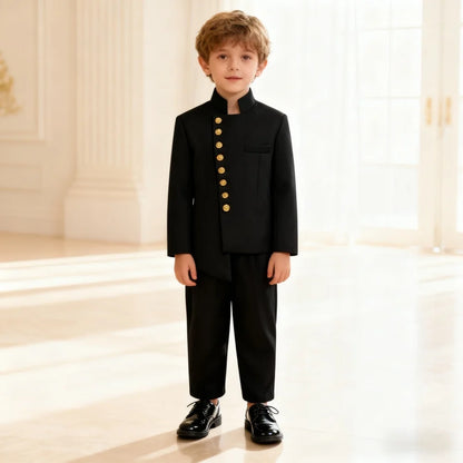 Black 2PCS Boys Formal Suit Set Brand Selection For Kids Aged 3-14 Yrs Elegant Stand Collar Design With Gold Buttons Perfect