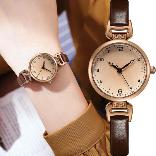 Simple Women's Watches Small Round Ladies Bracelet Watch PU Leather Thin Retro Quartz Wristwatch for Women Girls Gifts