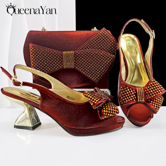 Elegant Women High Heels for Peep Toe Good Material Rhinestone Wine Sandals Italian Design Shoes and Bags Matching