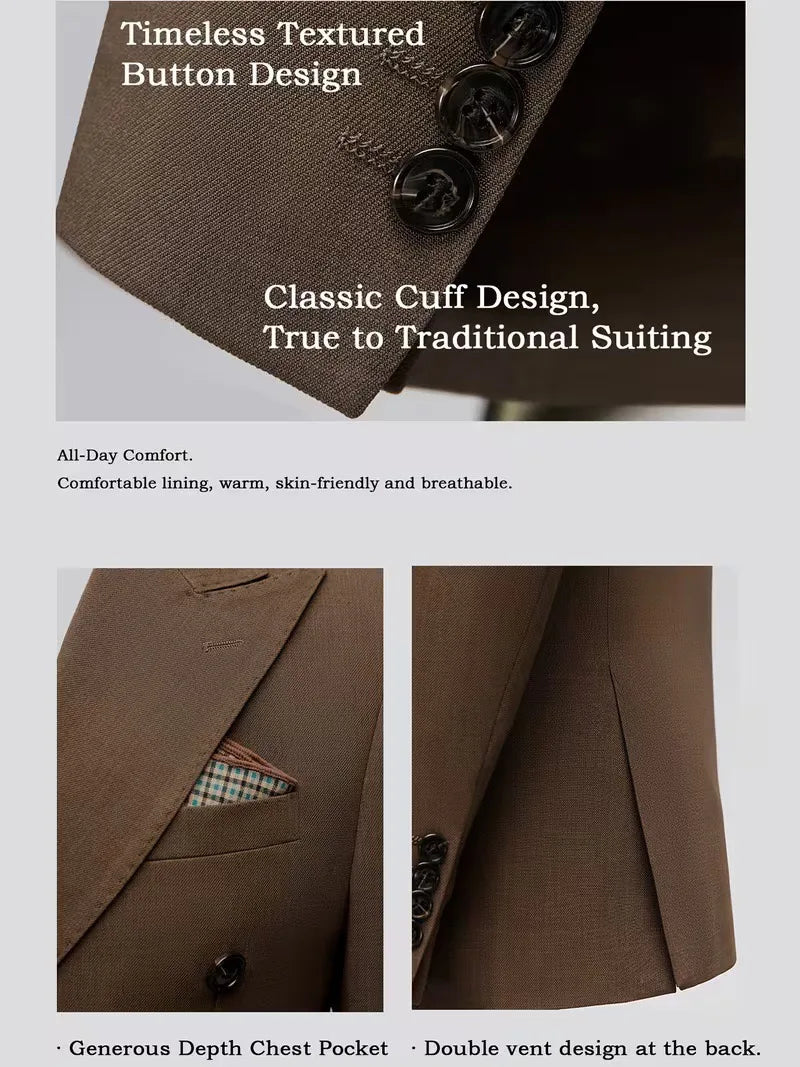 2026 New Double-Breasted Peak Lapel Men's Suit Set Two-Piece Coffee Beige Pink (Jacket   Pants) Casual Business B
