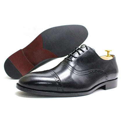 Men's Genuine Leather Oxfords Handmade Cap Toe Dress Shoes Lace-Up Formal Wedding Shoes Business Office Male Footwear