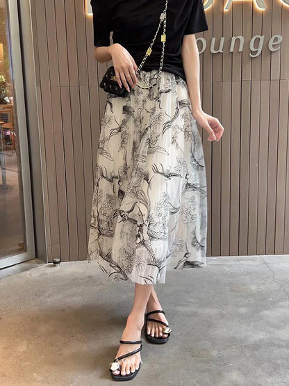 Women Flocking Flower Tulle Gauze Skirt Elegant Sweet Elastic Waist Midi Floral Mesh Skirt For All Season