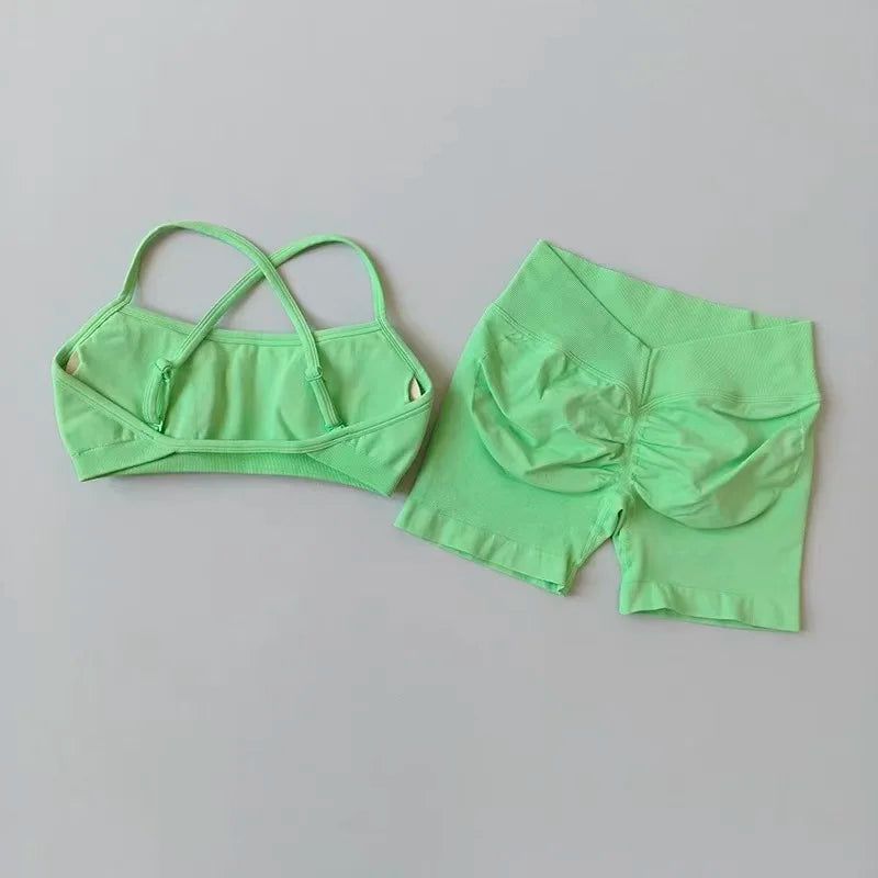 2PCS Women's High Waist Seamless Yoga Gym Set Sports Bra Top with Scrunch Shorts Fitness Workout Sportswear
