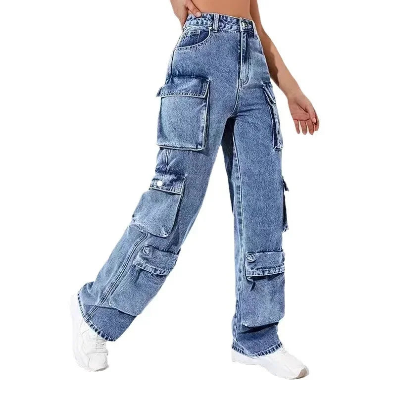Jeans Women Straight Cargo Pants Denim High Waist Vintage Pockets Button Basics Ankle Length Trousers 2024 Autumn Streetwear