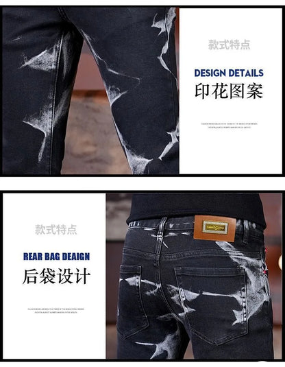 Spring and Autumn New Fashion Trend Retro Printed Straight Leg Elastic Jeans For Men's Casual Sports Comfort High-Quality Jeans