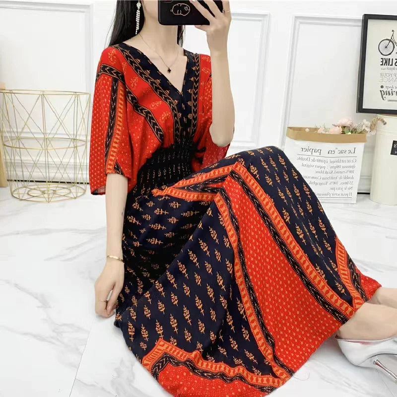 Flower V-neck Elastic Youthful Bohemian Sweet Midi Dress Woman Clothes Chic Fashion Summer Dresses 2025 Large Swing Ski