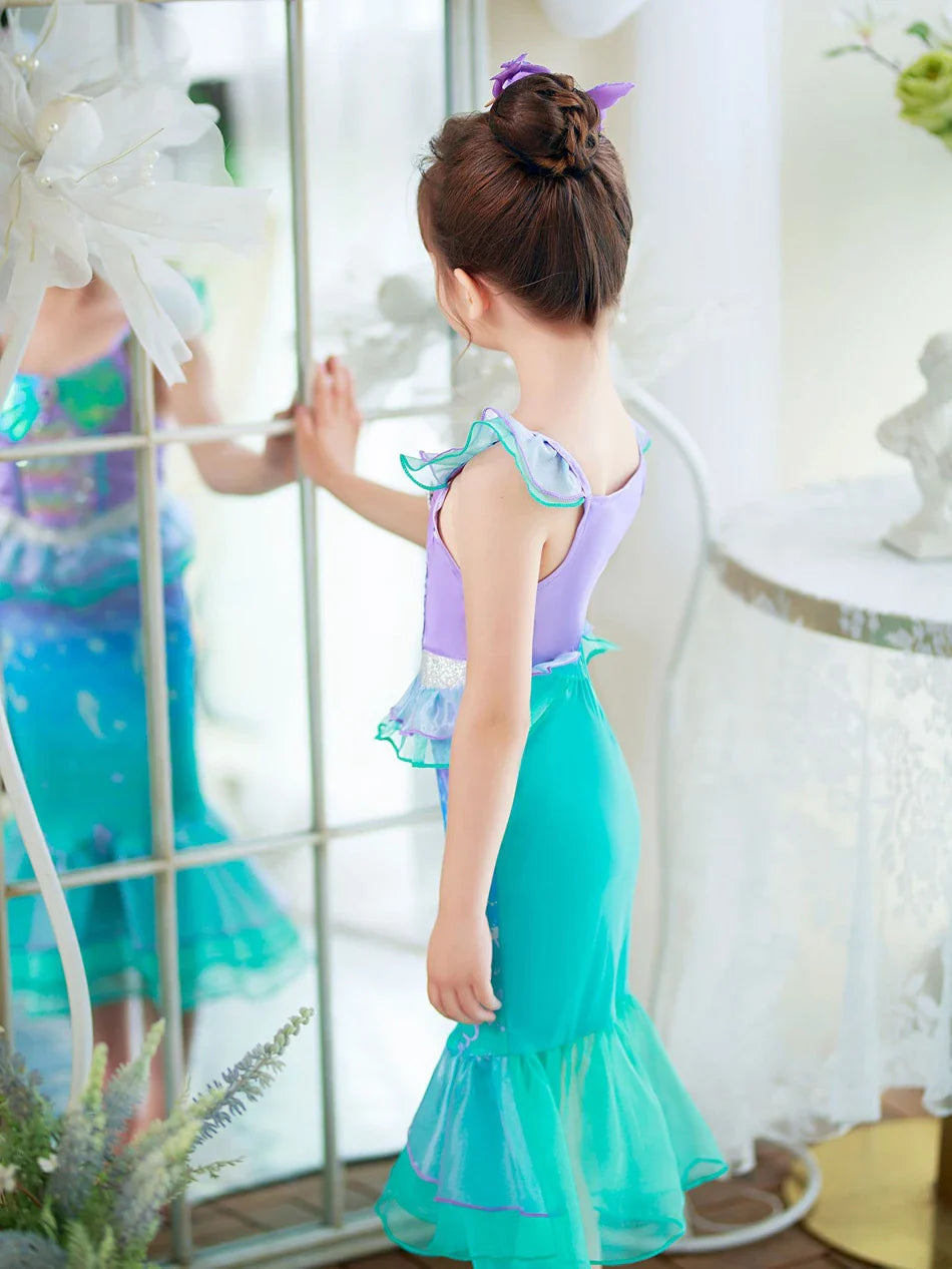 Ariel Cosplay Princess Costume Kids Cartoon Printed Dress Girls Halloween Children Carnival Birthday Party Clothes