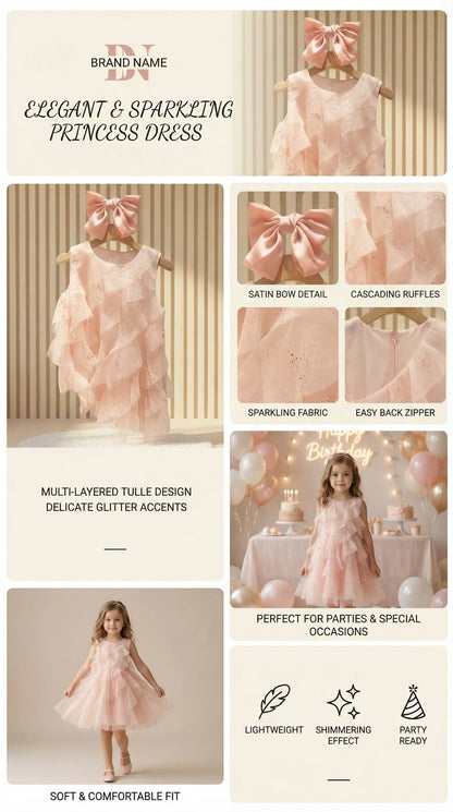 2026 Girls Pink Ruffle Tulle Dress Princess Sequin Layered Party Dress Kids Sleeveless Mesh Summer Vestidos Children Casual Gown