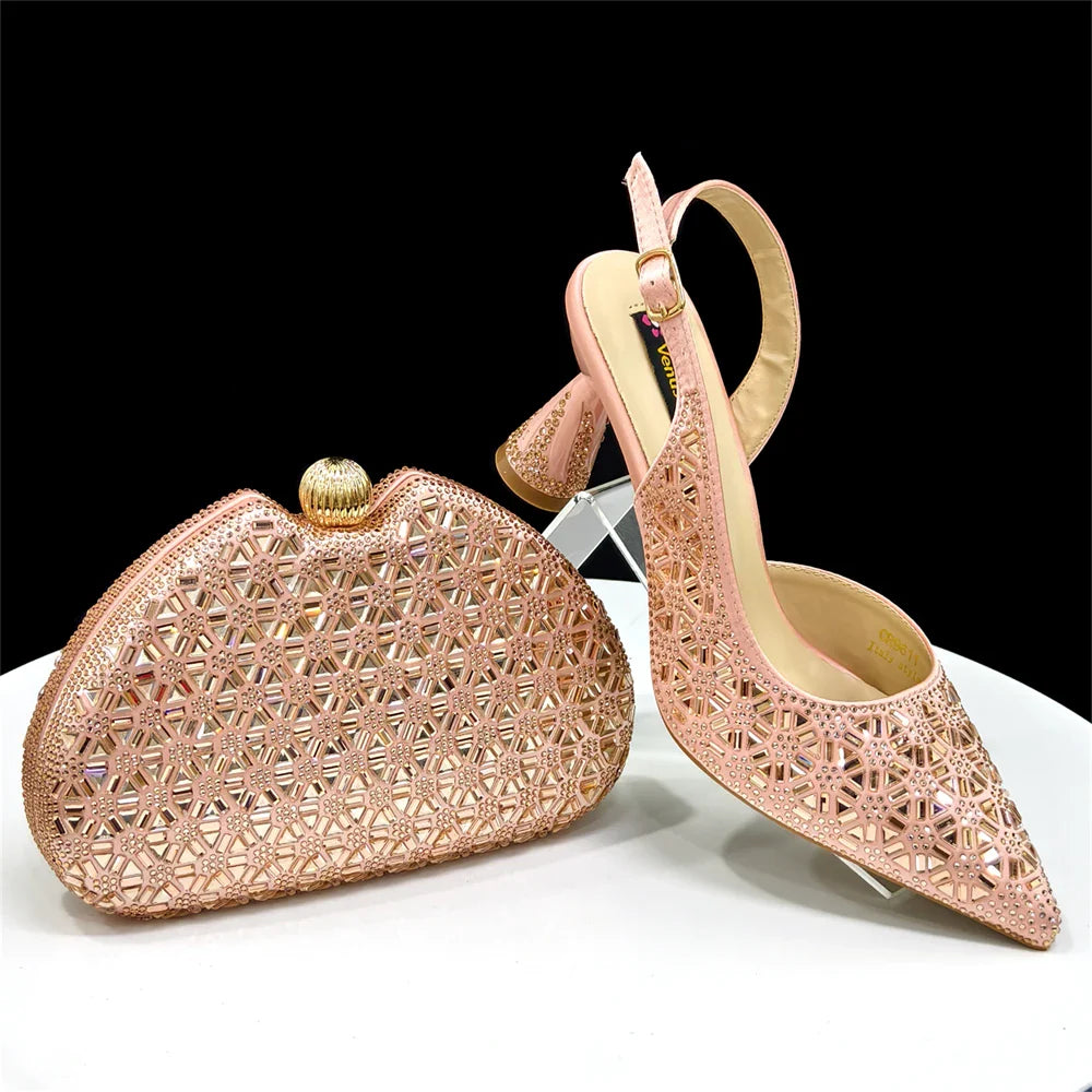 Elegant Green Pointed-Toe High Heels & Matching Bag Set with Diamond Design for Women's Party Wear - Italian Trend