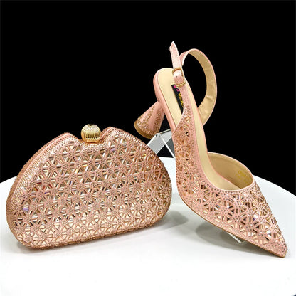 Elegant Champagne Color Pointed-Toe Italian Women's High-Heeled Shoe and Bag Set with Full Diamond Design for Parties