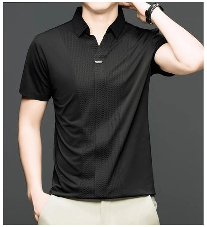 Personality jacquard splicing short sleeve Polo shirt men ice silk breathable high quality fashionable buttonless V-neck T-shirt