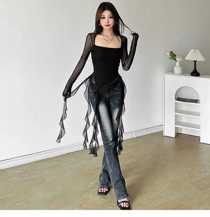 Long Sleeve Sexy T-Shirts Fashion Women Y2K Irregular Asymmetrical Korean Crop Tops Casual Sheer Mesh Autumn Chic Tees