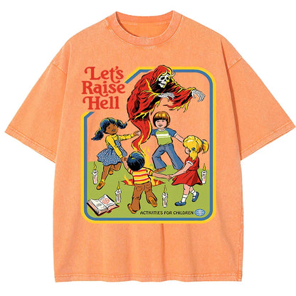 Let'S Raise Hell Printed Snow Wash Tee Shirts Man Breathable Cotton T Shirt Sportwear Clothing Crewneck Loose Short Sleeve