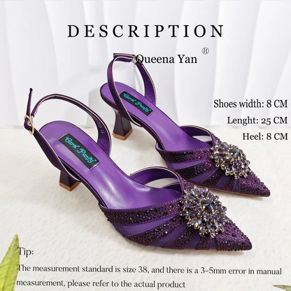 2026 Elegant Purple Color Women's Heels Shoes Bag Set Rhinestone Embellished Designer HAND CRAFTED UPPER Shoes for Special Event