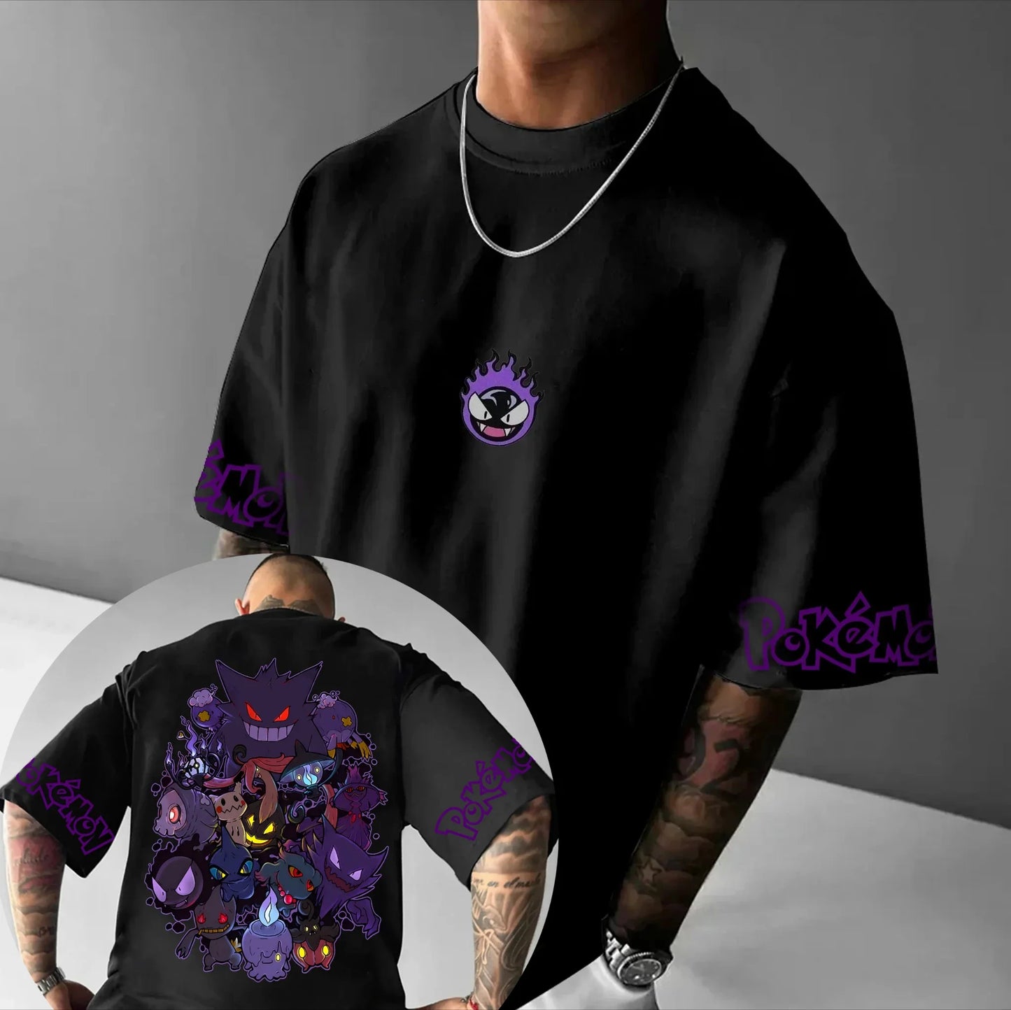 Co-branded Plus Size T-shirt 2025 Summer Men's New Gengar Anime Printed Casual Loose Harajuku Versatile Parent-child Top