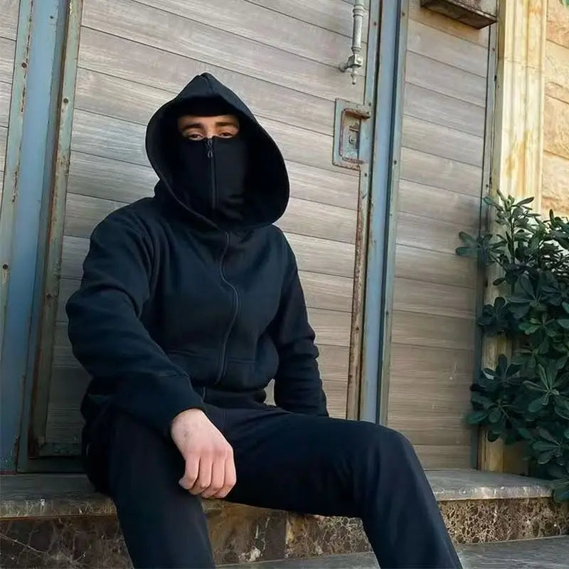 Unisex Hoodie Warm Loose Hooded Jacket Zip-up Casual Jacket with Face Mask for Autumn Winter Outdoor Sports Streetwear