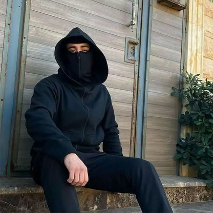 Unisex Hoodie Warm Loose Hooded Jacket Zip-up Casual Jacket with Face Mask for Autumn Winter Outdoor Sports Streetwear