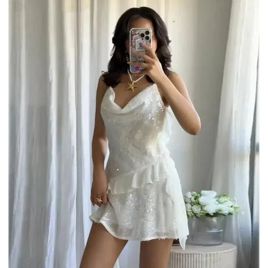 Sequin Mini Dress Woman Sexy Slip Party Dresses for Women Summer Backless Women's Dress Straps Beach Short Dresses