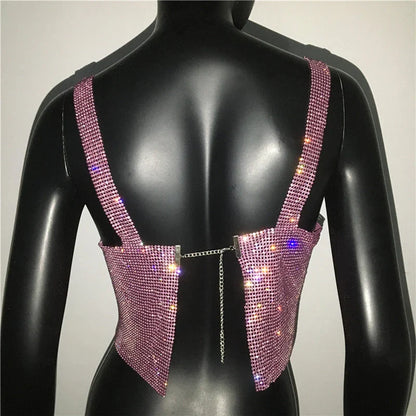 2025 Glitter Nightclub Backless Rhinestone Tank Top Women Sexy Metal Crystal Diamonds Sequined Night Club Party Wear Crop Top