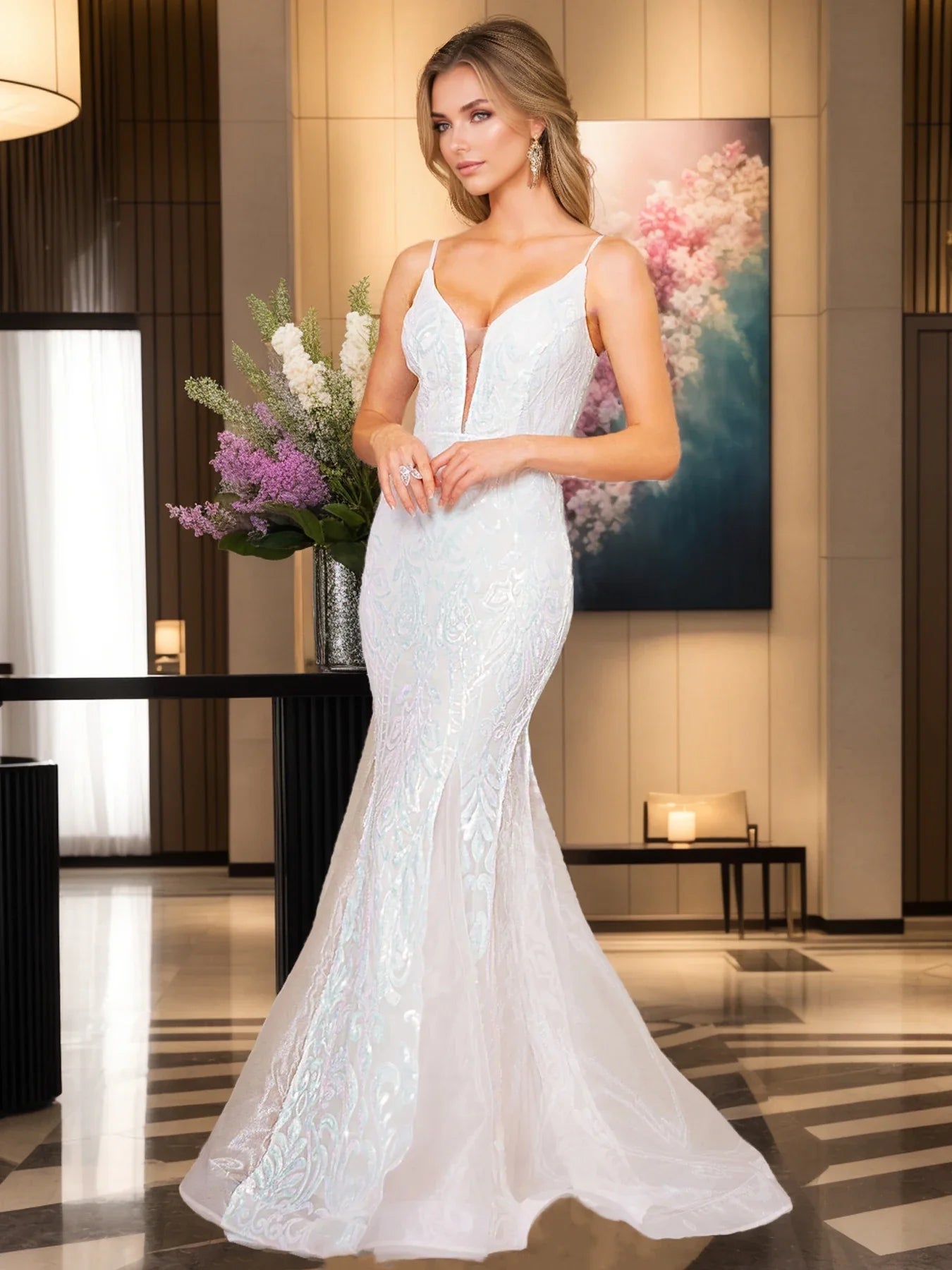 Romagic Deep V Neck Sleeveless White Wedding Party Dress Luxury Spaghetti Strap Sequined Evening Gown Women Maxi Dresses 2025