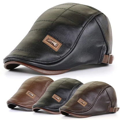 Vintage Men Beret Hat Leather Flat Hats Warm Autumn Winter Windproof Adjustable High Quality Peaked Cap Mens Retro Beret Caps